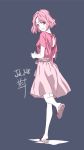  1girl 2018 :d dated full_body grey_background highres leg_up looking_at_viewer looking_back nii_manabu open_mouth original pink_eyes pink_hair pink_ribbon pink_shirt pink_skirt ribbon shirt short_hair short_sleeves signature simple_background sketch skirt smile solo standing standing_on_one_leg 