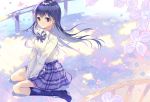 1girl arms_between_legs blue_hair blue_neckwear blue_skirt bow bowtie collared_shirt commentary_request cover cover_page doujin_cover flower kneehighs loafers long_hair long_sleeves looking_at_viewer navy_blue_legwear original outdoors petals plaid plaid_neckwear plaid_skirt railing rugo school_uniform shirt shoes sitting skirt solo violet_eyes wariza white_shirt 
