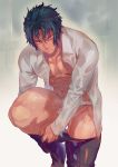  1boy black_hair fate/grand_order fate_(series) fundoshi haiki_(tegusu) highres hijikata_toshizou_(fate/grand_order) japanese_clothes looking_at_viewer male_focus open_clothes open_shirt red_eyes rokushaku_fundoshi serious solo standing standing_on_one_leg undressing 