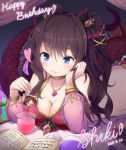  1girl :3 beaker blue_eyes book breasts brown_hair character_doll character_name cleavage commentary_request dated hair_ribbon happy_birthday ichinose_shiki idolmaster idolmaster_cinderella_girls lamia large_breasts long_hair lying monster_girl on_stomach qixi_cui_xing ribbon solo two_side_up wavy_hair 