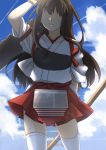  1girl akagi_(kantai_collection) arm_up asakawa_shinka blue_sky bow_(weapon) brown_hair clouds cowboy_shot flight_deck hair_over_shoulder hakama hakama_skirt highres hip_vent holding holding_bow_(weapon) holding_weapon japanese_clothes kantai_collection kimono long_hair machinery muneate outdoors parted_lips red_hakama rigging shaded_face sky solo tasuki thigh-highs weapon white_kimono white_legwear 