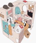  1girl backpack bag book cake cellphone clothes colored couch daisukerichard drawer food hat headphones indoors monitor original paper phone pink_hair reading school_uniform shelf smartphone tissue_box white_background 