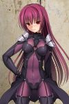  1girl blush bodysuit breasts covered_navel cowboy_shot fate/grand_order fate_(series) large_breasts long_hair looking_at_viewer onna_kishi_no_shiro pauldrons purple_bodysuit purple_hair red_eyes scathach_(fate/grand_order) scathach_(swimsuit_assassin)_(fate) shoulder_armor smile solo very_long_hair 