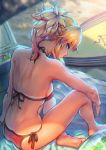  1girl back bare_shoulders barefoot beach bikini blonde_hair blue_eyes braid cooler fate/grand_order fate_(series) food hangetsuban_sonshou looking_back mordred_(fate)_(all) mordred_(swimsuit_rider)_(fate) mouth_hold ponytail popsicle sand shadow side-tie_bikini sitting solo surfboard swimsuit tan tanline 