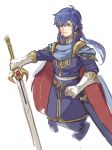  1boy blue_eyes blue_hair cape celice_(fire_emblem) fire_emblem fire_emblem:_seisen_no_keifu fire_emblem:_thracia_776 garmmy gloves headband holding holding_sword holding_weapon long_hair male_focus ponytail simple_background smile solo sword traditional_media tyrfing_(fire_emblem) watercolor_(medium) weapon white_background 