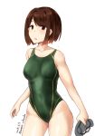  1girl brown_eyes brown_hair competition_swimsuit cowboy_shot dated diving_mask diving_mask_removed green_swimsuit highres hyuuga_(kantai_collection) kantai_collection looking_at_viewer minase_(takaoka_nanase) one-piece_swimsuit short_hair simple_background solo swimsuit twitter_username white_background 