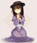  1girl black_hat bow bowtie brown_hair commentary_request cosplay diamond_(shape) dress eyebrows_visible_through_hair fedora hair_between_eyes hair_bow hands_up hat hat_bow juliet_sleeves long_dress long_sleeves looking_at_viewer maribel_hearn maribel_hearn_(cosplay) petticoat puffy_sleeves purple_dress red_bow red_neckwear rin_falcon seiza shadow simple_background sitting solo tan_background touhou usami_renko white_bow white_sash wide_sleeves wing_collar yellow_eyes 