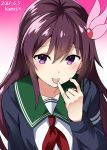  1girl artist_name brown_hair commentary_request dated finger_licking gradient gradient_background green_sailor_collar hair_ornament highres kamelie kantai_collection kisaragi_(kantai_collection) licking long_hair looking_at_viewer neckerchief pink_background pinky_out red_neckwear remodel_(kantai_collection) sailor_collar school_uniform serafuku solo upper_body violet_eyes white_background 
