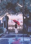  1girl black_hair black_shirt day error fence gemi highres holding holding_umbrella looking_to_the_side original outdoors parasol puddle railing rain red_umbrella reflection scenery shirt short_hair skirt stairs standing tree umbrella white_skirt 