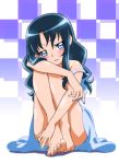  1girl bare_legs bare_shoulders barefoot blue_eyes blue_hair blush checkered checkered_background commentary_request dress eyebrows_visible_through_hair eyes_visible_through_hair feet hair_between_eyes heartcatch_precure! highres knees_up kurumi_erika legs long_hair looking_away miyabi_mt-b partial_commentary precure shiny shiny_hair shiny_skin sitting sleeveless sleeveless_dress solo strap_slip sundress toes 