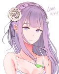  1girl absurdres bangs bare_shoulders braid dated elf emilia_(re:zero) flower hair_flower hair_ornament hair_ribbon highres jewelry jijinjiji long_hair looking_at_viewer necklace pointy_ears portrait purple_hair purple_ribbon re:zero_kara_hajimeru_isekai_seikatsu ribbon solo violet_eyes 