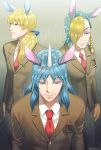  3boys animal_ears ansoni_(doubutsu_no_mori) artist_name blonde_hair blue_eyes blue_hair braid closed_eyes doubutsu_no_mori hair_over_one_eye horn horse_ears julie_(doubutsu_no_mori) kizanohomare_(doubutsu_no_mori) low_ponytail makeup multicolored_hair multiple_boys necktie personification school_uniform tsutsuji_(hello_x_2) two-tone_hair 