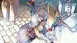  1girl atelier_(series) atelier_sophie blue_eyes blue_hair breasts capelet cleavage cleavage_cutout corset elbow_gloves game_cg gloves hair_ornament large_breasts leon_(atelier) long_hair noco_(adamas) official_art skirt smile solo white_gloves 