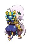  1girl animal cape chibi cosplay fate/grand_order fate_(series) green_eyes holding holding_animal jack_the_ripper_(fate/apocrypha) jewelry ozymandias_(fate) ozymandias_(fate)_(cosplay) scar scar_across_eye smile sphinx_awlad white_hair 