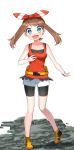  1girl aqua_eyes bike_shorts black_shorts blush brown_hair dress fanny_pack full_body happy haruka_(pokemon) highres holding holding_poke_ball long_hair poke_ball poke_ball_(generic) pokemon pokemon_(game) pokemon_oras red_shirt shirt shoes shorts sleeveless sleeveless_dress solo white_shorts yellow_footwear yuihiko 