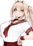  1girl ahoge blonde_hair blush breasts eyebrows_visible_through_hair fate/extra fate_(series) green_eyes hair_between_eyes hands_on_hips j.k. large_breasts long_hair looking_at_viewer nero_claudius_(fate) nero_claudius_(fate)_(all) school_uniform serafuku shirt_tucked_in simple_background solo twintails white_background wrist_cuffs 