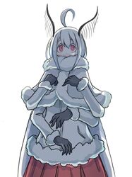  1girl 4139 ahoge antennae black_gloves capelet coat commentary fur-trimmed_capelet fur-trimmed_coat fur_trim gloves hair_between_eyes monster_girl moth_girl multiple_arms original pleated_skirt red_eyes red_skirt simple_background skirt smile solo white_background white_hair 