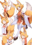  +++ 1girl :3 animal_ears aqua_eyes armpits blonde_hair blush detached_sleeves fang fox_ears fox_girl fox_tail highres japanese_clothes off_shoulder okitsugu one_eye_closed original short_hair tail tail_grab thick_eyebrows thigh-highs white_background 