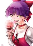  1girl artist_name bangs bow cat_girl cat_tongue choker commentary dress eyebrows_visible_through_hair eyes_visible_through_hair fingernails food gegege_no_kitarou gem hair_bun holding holding_food ice_cream_cone licking long_sleeves looking_at_viewer nekomusume_(gegege_no_kitarou_6) open_mouth pinafore_dress pinky_out pointy_ears purple_hair red_bow red_choker red_dress shirt short_hair signature simple_background slit_pupils smile solo souryu upper_body white_background white_shirt yellow_eyes 