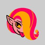  1girl :p akairiot brenna_(akairiot) chibi face fiery_hair grey_background hair_over_one_eye open_eyes original pointy_ears red_eyes simple_background smile solo tongue tongue_out yellow_sclera 