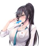  1girl bangs black_hair blush bralines breasts cleavage collarbone dog_tags dress_shirt dripping food green_neckwear hair_between_eyes high_ponytail highres idolmaster idolmaster_shiny_colors large_breasts long_hair loose_necktie moo_yoshio mouth_hold necktie ponytail popsicle school_uniform see-through shirase_sakuya shirt simple_background solo sweat wet wet_clothes wet_shirt white_background white_shirt yellow_eyes 