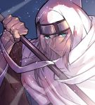  1boy blue_eyes cosplay fate/grand_order fate_(series) headband holding holding_weapon hood houzouin_inshun_(fate/grand_order) houzouin_inshun_(fate/grand_order)_(cosplay) long_hair p-kana polearm siegfried_(fate) spear weapon white_hair wide_sleeves 