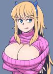  1girl :q akairiot bangs blonde_hair blue_background blue_eyes blue_hairband breasts cleavage cleavage_cutout eyebrows_visible_through_hair hairband huge_breasts long_hair long_sleeves looking_to_the_side meme_attire open-chest_sweater original pink_sweater sidelocks simple_background solo sweater tongue tongue_out turtleneck turtleneck_sweater 
