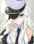  1girl azur_lane bangs bare_shoulders black_neckwear blush breasts closed_mouth enterprise_(azur_lane) eyebrows_visible_through_hair hand_on_headwear hat hat_tip highres insignia joker_(tomakin524) large_breasts long_hair long_sleeves looking_at_viewer necktie off_shoulder one_eye_covered peaked_cap shirt sidelocks silver_hair sleeveless sleeveless_shirt smile solo sparkle very_long_hair violet_eyes 