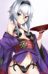  1girl absurdres bangs bare_shoulders blue_eyes breasts collarbone cosplay cup fate/grand_order fate_(series) hair_between_eyes hairband highres hips japanese_clothes kimono looking_at_viewer mary_read_(fate/grand_order) nanakaku navel obi off_shoulder open_clothes open_kimono purple_kimono revealing_clothes sakazuki sash scar short_hair short_kimono shuten_douji_(fate/grand_order) shuten_douji_(fate/grand_order)_(cosplay) sidelocks silver_hair small_breasts solo waist white_background wide_sleeves 