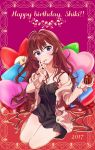  1girl 2017 absurdres black_dress blue_eyes blush breasts brown_hair character_name cleavage commentary_request cupcake dress earrings food happy_birthday head_tilt heart heart_pillow highres holding holding_food ichinose_shiki idolmaster idolmaster_cinderella_girls idolmaster_cinderella_girls_starlight_stage jewelry labcoat lipstick long_hair looking_at_viewer makeup nail_polish necklace ohkamisuzu pillow red_lipstick red_nails solo spaghetti_strap wavy_hair 
