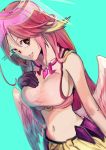  1girl angel_wings black_eyes blush breasts commentary_request crop_top daikon_(tomohiro158) feathered_wings gloves gradient_eyes gradient_hair green_eyes halo hand_on_own_chest highres jibril_(no_game_no_life) large_breasts long_hair looking_at_viewer low_wings magic_circle midriff multicolored multicolored_eyes multicolored_hair navel no_game_no_life parted_lips pink_hair sideboob smile solo stomach very_long_hair white_wings wing_ears wings yellow_eyes 