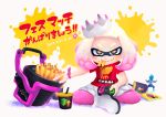  +_+ 1girl 2017 boots brown_eyes closed_mouth clumeal cup dated domino_mask drinking_straw eating food food_in_mouth french_fries full_body highres hime_(splatoon) indian_style inkling_(language) looking_at_viewer mask mcdonald&#039;s mole mole_under_mouth multicolored_hair nintendo_switch paint_splatter pantyhose pink_hair pink_legwear red_shirt shirt short_hair short_sleeves sitting smile solo splatoon splatoon_2 symbol-shaped_pupils t-shirt tentacle_hair translation_request twitter_username two-tone_hair white_footwear white_hair 