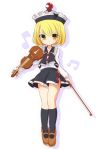  1girl bangs black_legwear blonde_hair blush brown_footwear closed_mouth crescent eighth_note eyebrows_visible_through_hair full_body hat highres holding holding_instrument inon instrument kneehighs long_sleeves looking_at_viewer lunasa_prismriver mary_janes musical_note pleated_skirt shoes short_hair side_slit skirt skirt_set smile solo standing touhou violin yellow_eyes 