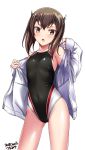  1girl artist_name black_swimsuit brown_eyes brown_hair chestnut_mouth competition_swimsuit contrapposto covered_navel cowboy_shot dated flat_chest headband headgear highres jacket kantai_collection looking_at_viewer one-piece_swimsuit open_clothes open_jacket simple_background sleeves_past_wrists solo standing swimsuit taihou_(kantai_collection) tsuchimiya white_background white_jacket 