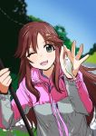  1girl ;d animal bangs blue_sky brown_hair day eyebrows_visible_through_hair fangs fish fishing_rod green_eyes hair_between_eyes hair_ornament hairclip highres himekawa_yuki holding holding_fishing_rod idolmaster idolmaster_cinderella_girls jacket long_hair long_sleeves looking_at_viewer one_eye_closed open_mouth outdoors sakaki_imasato sky smile teeth tongue 