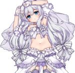  1girl armpits arms_up bangs bare_shoulders blue_eyes blush bow center_frills commentary_request crop_top detached_sleeves frills garter_straps gloves hair_between_eyes hair_bow kuro_(kuronell) long_hair looking_at_viewer navel parted_lips pleated_skirt puffy_short_sleeves puffy_sleeves purple_skirt short_sleeves silver_hair simple_background skirt solo soul_worker stella_unibell strapless thigh-highs very_long_hair white_background white_bow white_gloves white_legwear 