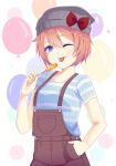  1girl ;p absurdres artist_name balloon blue_eyes bow candy commentary doki_doki_literature_club english_commentary food gomi_(gomiko_art) hair_between_eyes hand_in_hair hat hat_bow highres light_brown_hair lollipop looking_at_viewer one_eye_closed overalls sayori_(doki_doki_literature_club) shirt short_hair short_sleeves solo striped striped_shirt tongue tongue_out 