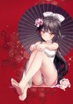  1girl azur_lane bare_arms bare_legs bare_shoulders barefoot black_hair black_umbrella blush bow breasts brown_eyes china_dress chinese_clothes closed_mouth commentary dress fingernails floral_background flower gio_(maroon0924) hair_bow hair_flower hair_ornament large_breasts long_hair oriental_umbrella pink_flower purple_flower red_background revision signature sitting sleeveless sleeveless_dress soles solo takao_(azur_lane) toenails umbrella very_long_hair white_bow white_dress 