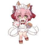  1girl animal_ears apron bangs bell blush bow brown_eyes cer_(cerber) chibi closed_mouth eyebrows_visible_through_hair fangs fangs_out fate/grand_order fate_(series) fox_ears frilled_apron frills full_body gloves hair_between_eyes hair_bow hands_up jingle_bell lowres maid_apron maid_headdress paw_gloves paw_shoes paws pink_hair red_bow shoes simple_background smile solo standing standing_on_one_leg tamamo_(fate)_(all) tamamo_cat_(fate) white_apron white_background 