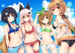  4girls bangs bikini black_bikini black_hair blonde_hair blue_bikini blue_eyes blue_sky bracelet breasts brown_eyes brown_hair butterfly_hair_ornament cleavage clouds day dutch_angle etna_(kuzuyu) eyebrows_visible_through_hair frilled_bikini frills green_bikini green_eyes hair_between_eyes hair_ornament hair_ribbon hairclip haru_(komori_kuzuya) hat hat_removed headwear_removed jacket jewelry komori_kuzuyu large_breasts leg_garter long_hair looking_at_viewer looking_back medium_breasts multiple_girls nao_(kuzuya) off_shoulder open_mouth original red_bikini red_eyes ribbon rivier_(kuzuyu) sarong short_hair short_shorts shorts silver_hair sky small_breasts standing swimsuit swimsuit_under_clothes water water_gun x_hair_ornament 