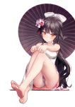  1girl azur_lane bare_arms bare_legs bare_shoulders barefoot black_hair black_umbrella blush bow breasts brown_eyes china_dress chinese_clothes closed_mouth dress fingernails flower gio_(maroon0924) hair_bow hair_flower hair_ornament large_breasts long_hair oriental_umbrella pink_flower purple_flower red_background signature simple_background sitting sleeveless sleeveless_dress soles solo takao_(azur_lane) toenails umbrella very_long_hair white_bow white_dress 