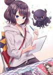  1girl blue_eyes blush book brown_background brown_hair chair eraser fate/grand_order fate_(series) gradient gradient_background grey_hoodie hair_bun highres holding_notepad katsushika_hokusai_(fate/grand_order) long_sleeves masayo_(gin_no_ame) mechanical_pencil musical_note notepad octopus on_chair pencil sitting smile solo sparkle sparkle_background white_background 