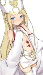  1girl abigail_williams_(fate/grand_order) bangs bare_shoulders blonde_hair blue_eyes blush closed_mouth commentary_request cosplay detached_sleeves dress dress_of_heaven dutch_angle fate/grand_order fate_(series) hat highres irisviel_von_einzbern irisviel_von_einzbern_(caster) irisviel_von_einzbern_(caster)_(cosplay) long_hair long_sleeves looking_at_viewer navel parted_bangs short_dress simple_background sleeveless sleeveless_dress sleeves_past_fingers sleeves_past_wrists solo thigh-highs very_long_hair white_background white_dress white_hat white_legwear yakihebi 