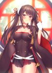  1girl arm_up azur_lane bangs bell belt belt_buckle bet black_dress black_hair blurry blurry_background blush breasts brown_hair buckle cleavage cleavage_cutout clenched_hand closed_mouth collarbone commentary covered_navel cowboy_shot day dress eyebrows eyebrows_visible_through_hair gloves hair_between_eyes hair_ornament hair_ribbon hand_on_hip hand_up haruna_(azur_lane) head_tilt horns indoors jingle_bell katana long_hair long_sleeves looking_at_viewer loose_belt magatama medium_breasts mitsudomoe_(shape) mutsuba_fumi red_eyes red_ribbon ribbon sheath sheathed shiny shiny_skin short_dress sidelocks solo standing sunlight swept_bangs sword tassel thigh-highs thighs tomoe_(symbol) twintails weapon white_belt white_gloves wide_sleeves window 