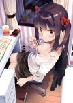  1girl bangs black_hair black_legwear blush bow breasts brown_eyes byte_(allbyte) cellphone commentary_request downblouse drink eyebrows_visible_through_hair hair_bow highres long_hair looking_at_viewer mechanical_pencil medium_breasts original pencil phone red_bow shorts sidelocks sitting smartphone solo thigh-highs 