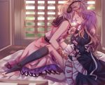  2girls bare_arms between_legs black_gloves black_legwear blonde_hair bracelet breasts collared_dress dress earmuffs eyebrows_visible_through_hair frilled_dress frilled_sleeves frills futon gloves gradient gradient_background hand_on_thigh highres hijiri_byakuren indoors jewelry juliet_sleeves long_hair long_sleeves looking_at_another multiple_girls nga_(artist) parted_lips profile puffy_sleeves ribbon sleeveless sleeveless_dress toeless_legwear touhou toyosatomimi_no_miko very_long_hair violet_eyes wavy_hair white_ribbon wide_sleeves yellow_eyes yuri 