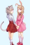  2girls animal_ears artist_name blue_background braid brown_hair bunny_tail cat_ears cat_tail dress elin_(tera) hand_holding highres kneehighs long_hair looking_back mavoly multiple_girls pink_dress ponytail rabbit_ears red_eyes red_skirt shirt signature silver_hair simple_background skirt smile striped striped_legwear tail tera_online twin_braids twintails white_legwear white_shirt 