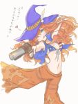  1girl ;p blue_eyes breasts cleavage copyright_request flame_print gun hat heart holding holding_gun holding_weapon long_hair navel one_eye_closed pants red_pants redhead solo spoken_heart tongue tongue_out totatokeke weapon white_background witch_hat 