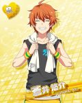  blush character_name closed_eyes dress idolmaster idolmaster_side-m orange_hair short_hair smile towel yusuke_aoi 