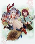  2girls absurdres atelier_(series) atelier_sophie bag bare_shoulders blush breasts broom brown_eyes brown_hair green_eyes hair_ornament highres huge_filesize jewelry long_hair looking_at_viewer multiple_girls necklace noco_(adamas) official_art open_mouth plachta potion scan short_hair silver_hair smile sophie_neuenmuller staff tail thigh-highs 